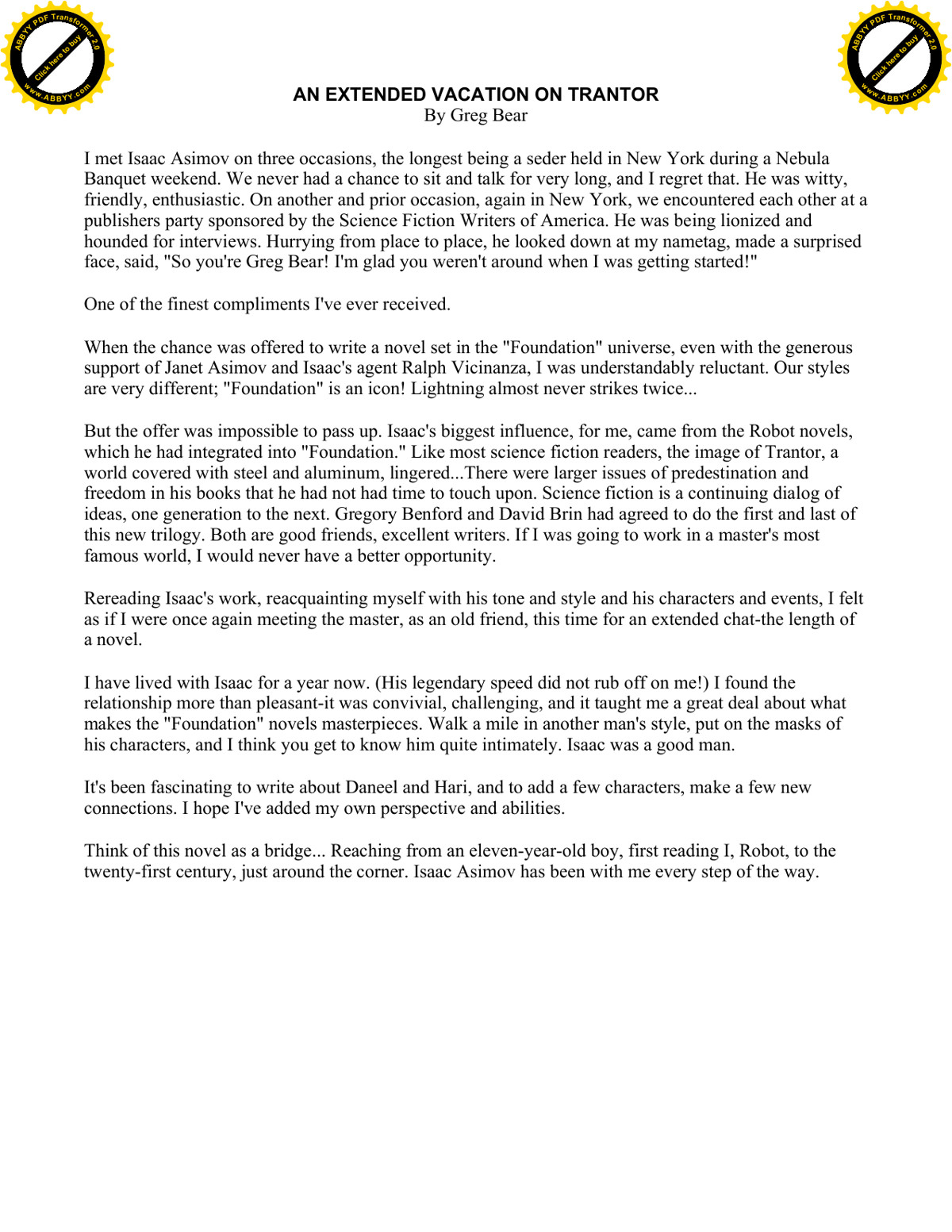 Bear, Greg - Extended Vacation on Trantor