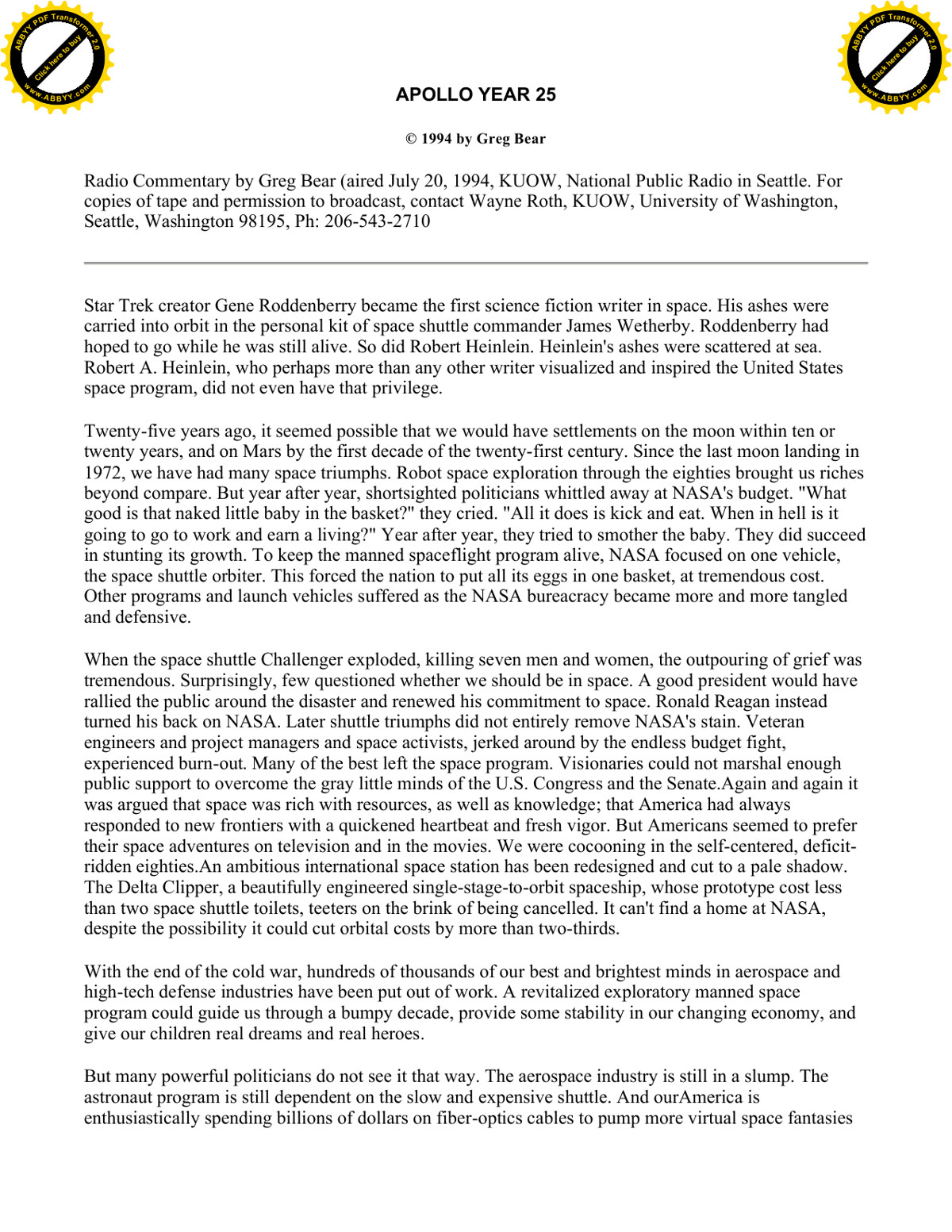 Bear, Greg - Apollo at 25