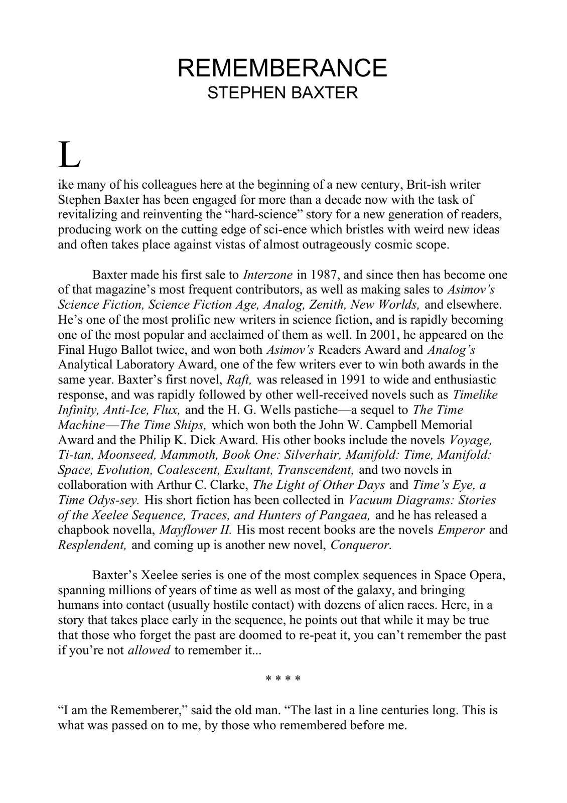 Baxter, Stephen - Rememberance